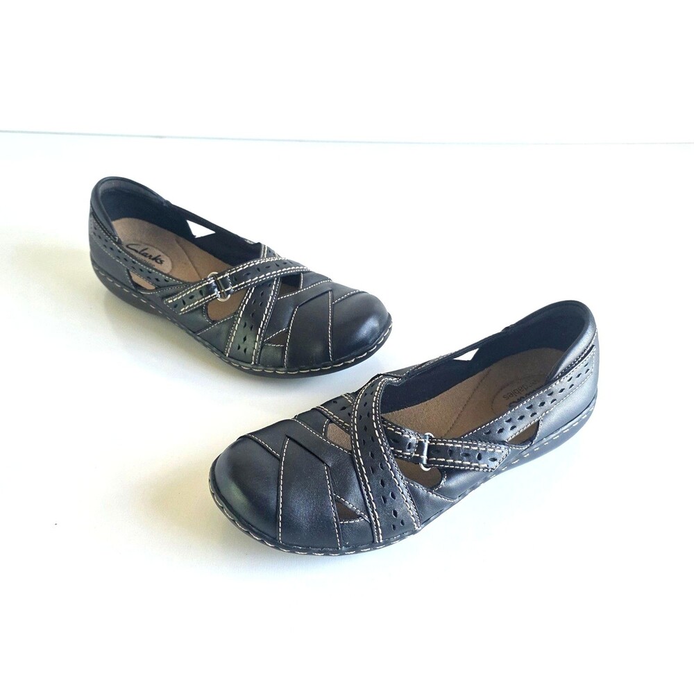 CLARKS Ashland Spin Q Black Leather Mary Jane Shoes Women's Sz 8 Flat Comfort